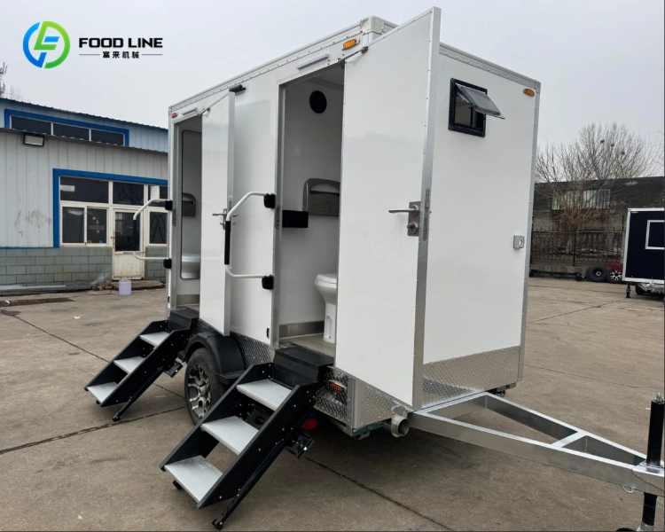 two stall portable toilet trailer side look