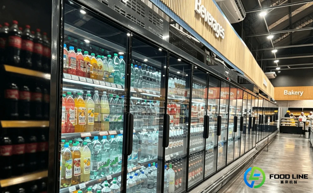upright beverage display fridge in supermarket