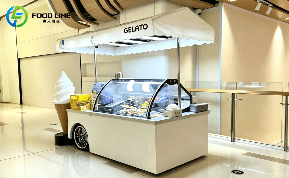 portable ice cream freezer cart deployed in the mall