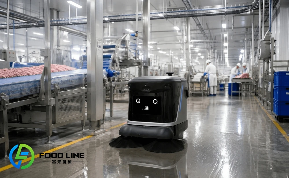 autonomous industrial cleaning robot at the food factory