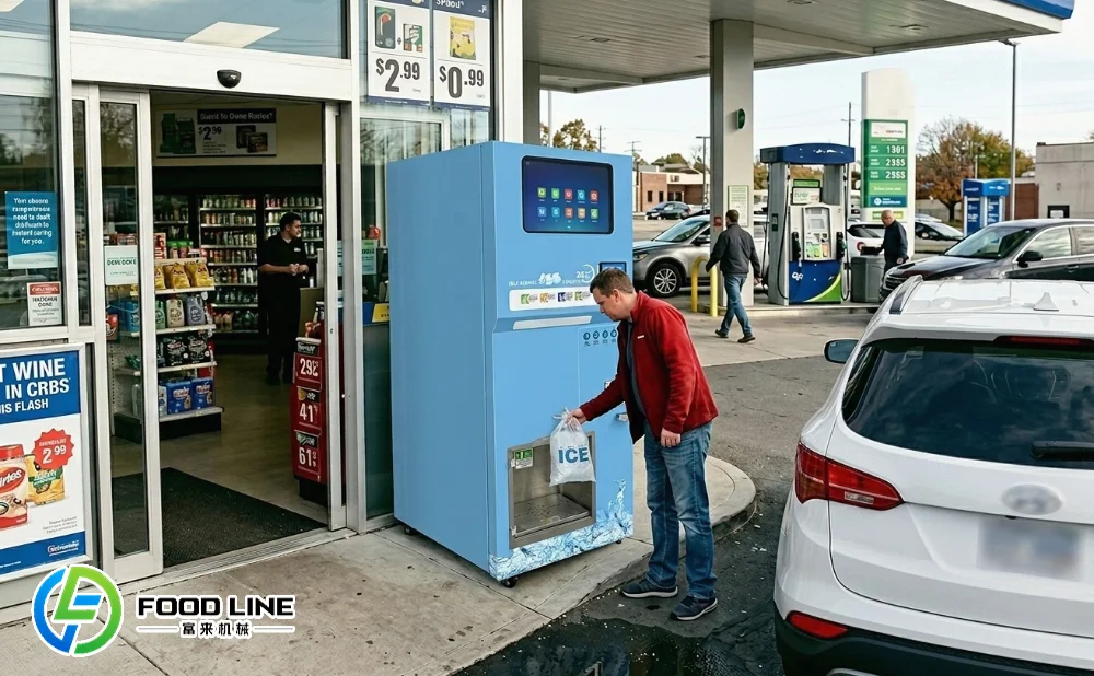 self service ice vending machine at gas station convenience store
