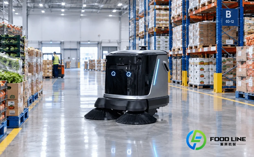 industrial robotic floor scrubber in the food distribution warehouse