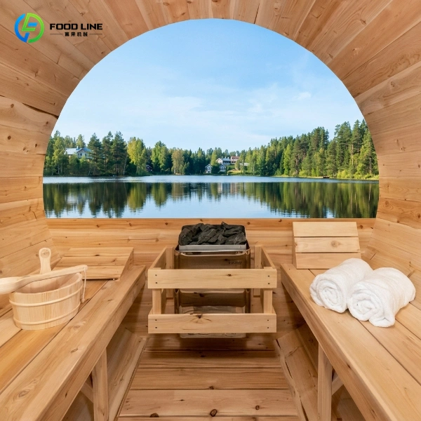 outdoor barrel sauna with porch and window